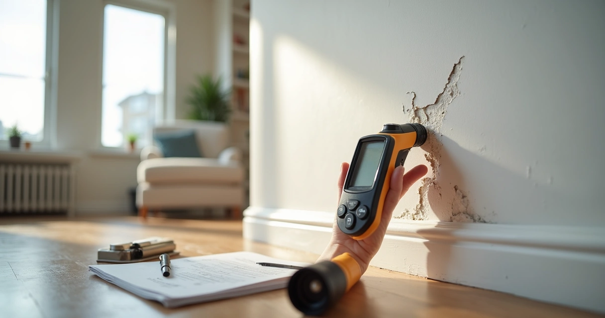 Parede de apartamento com sinais claros de infiltração e manchas de umidade. 