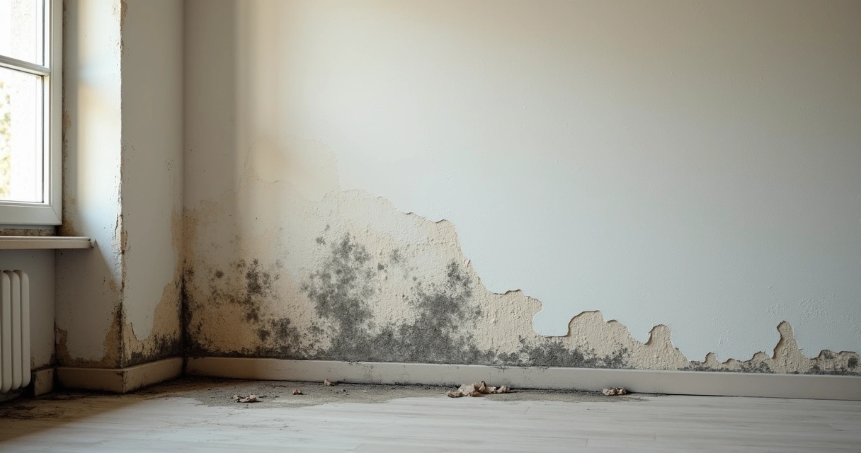 Parede com infiltração e pintura estufada em apartamento 