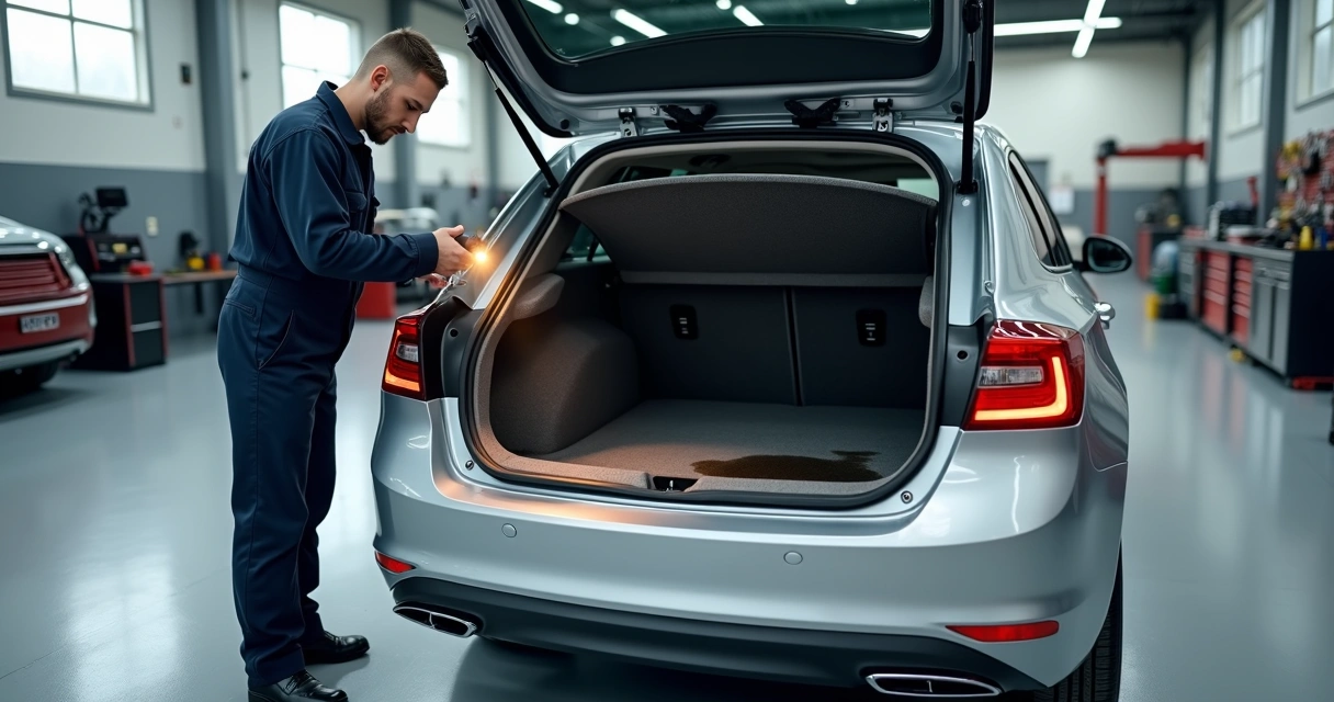 Mecânico verificando infiltração com água acumulada no porta-malas aberto 