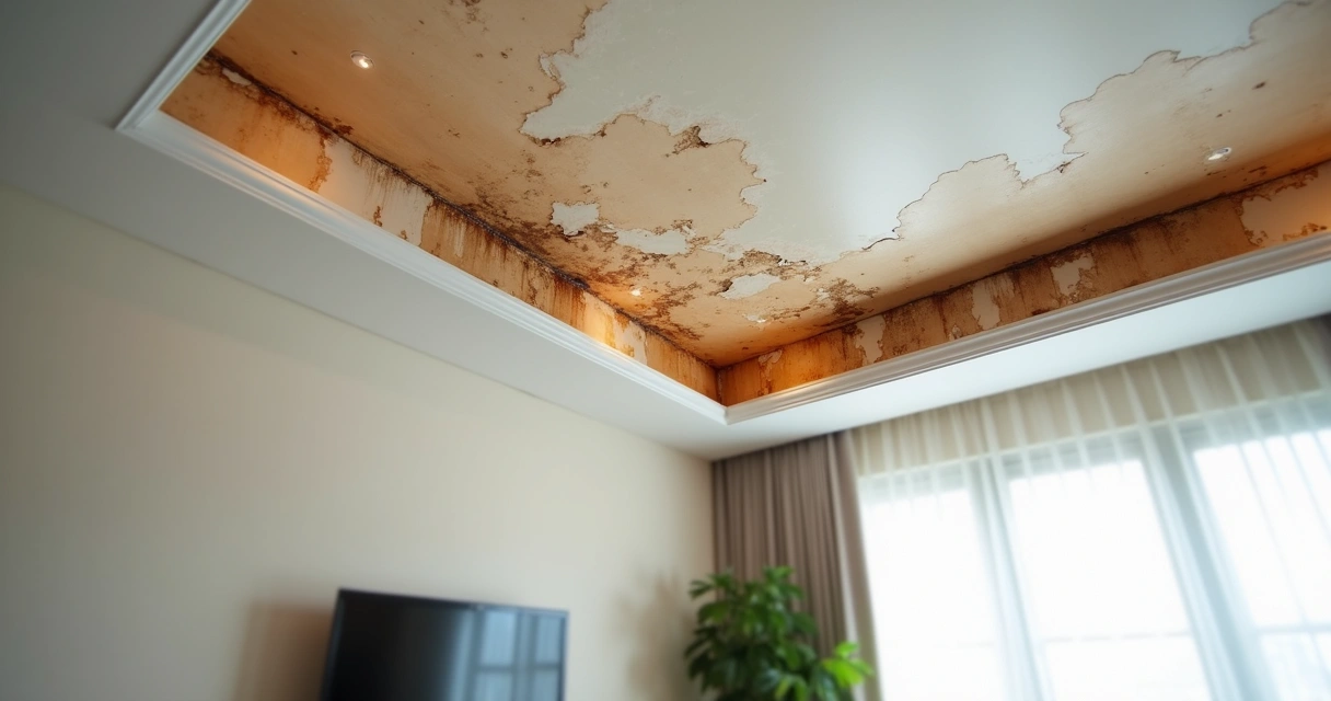 Infiltração em teto de sala, manchas de umidade e descascamento 