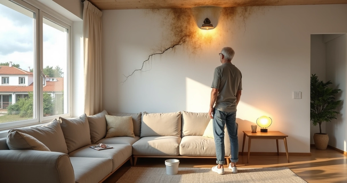 Morador observa manchas de infiltração no teto da sala após chuva forte 