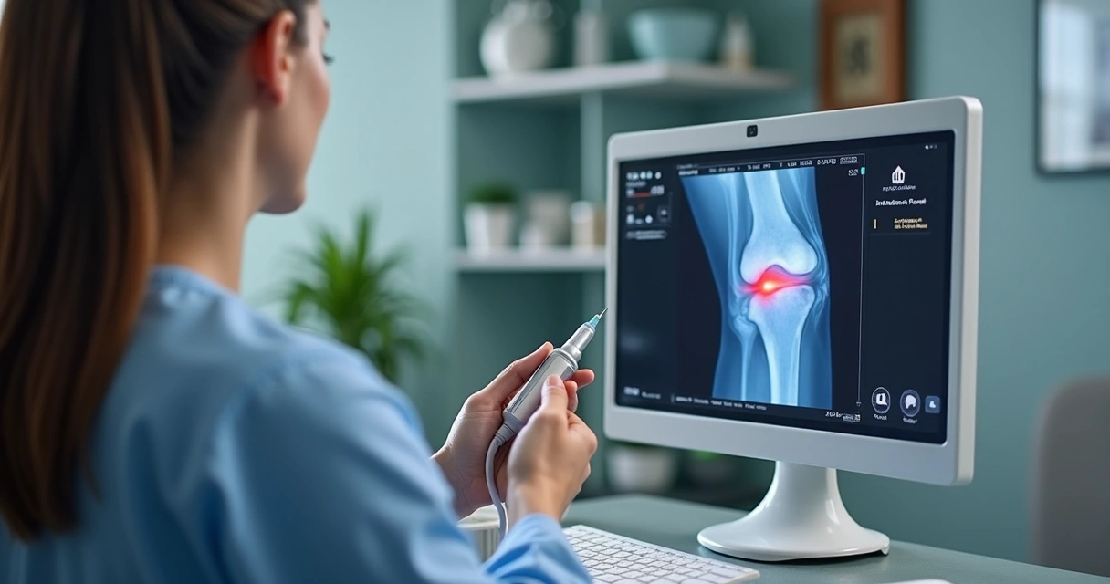 Médico realizando infiltração por ultrassom em uma articulação do joelho 