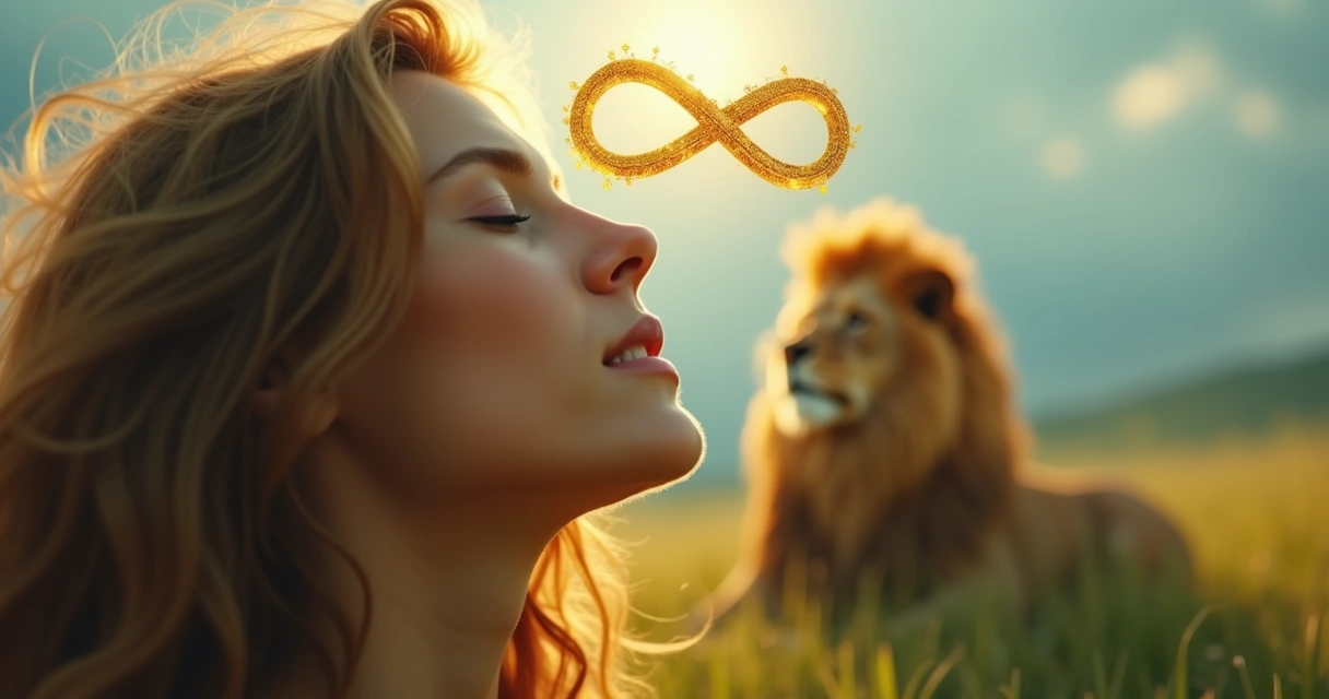 Infinity symbol floating above a woman's head in a tarot card 