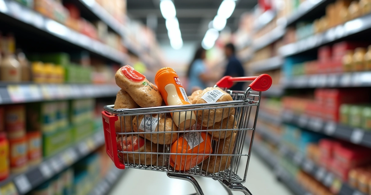 Carrinho de supermercado com etiqueta de preço alta 