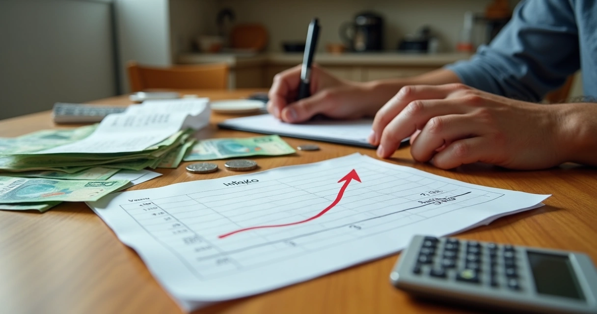 Pessoa analisando orçamento familiar com notas, moedas e gráfico de inflação 