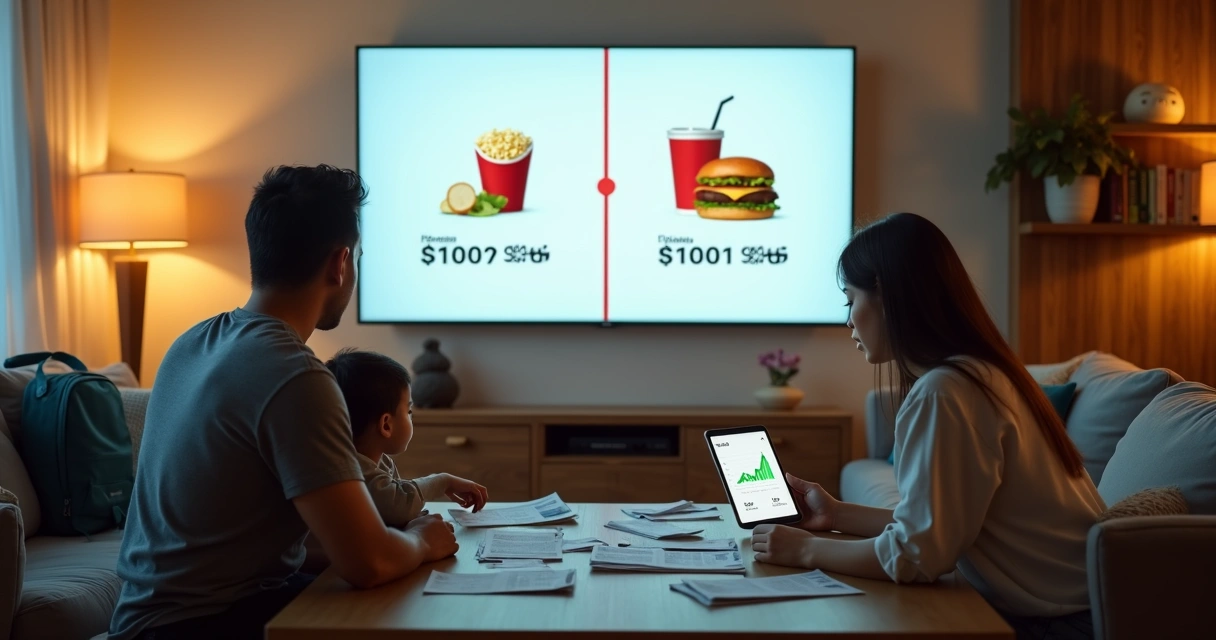 Família brasileira comparando gastos antigos e atuais com cinema e fast food em painel de preços 