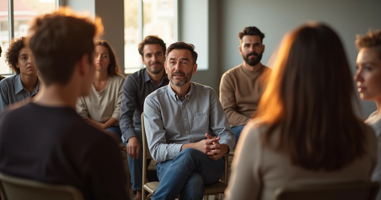 Group of diverse people in a circle, soft light connecting them 
