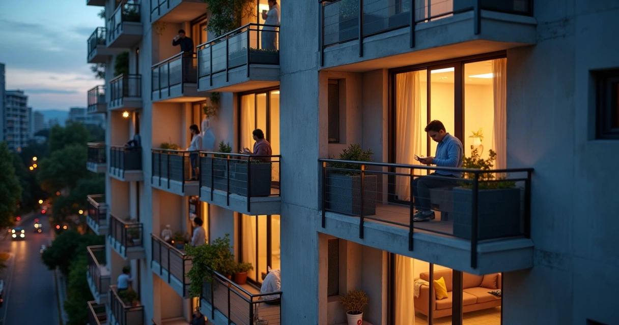 Urban balconies linked by subtle golden lines suggesting relational influence 