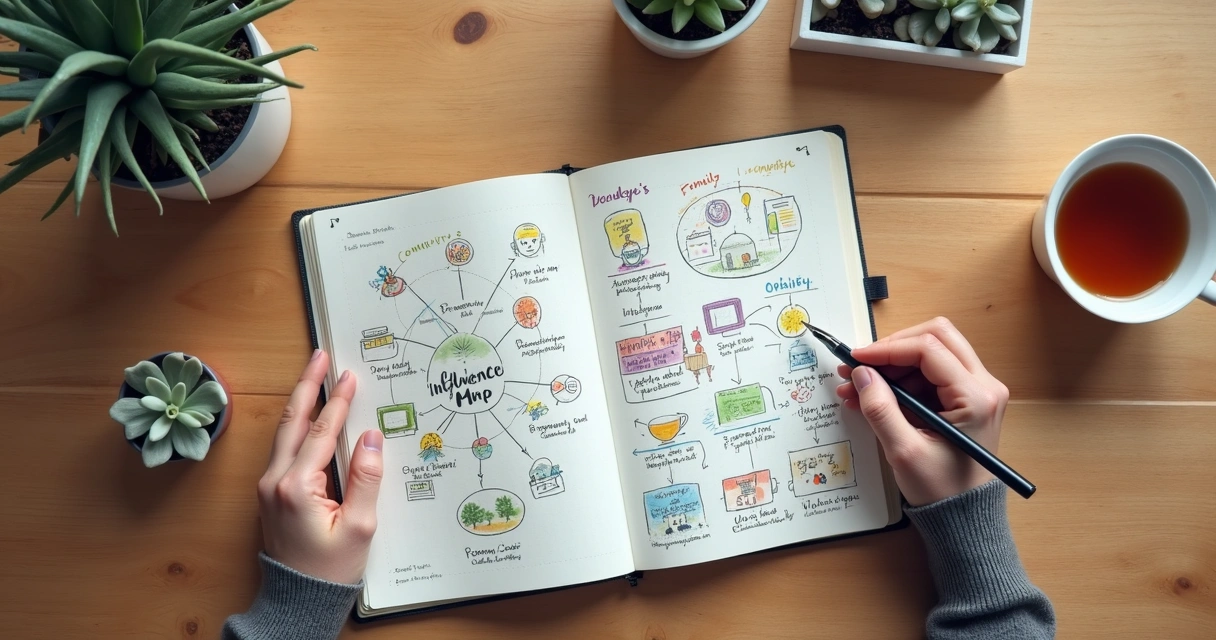 Notebook with a hand-drawn influence map and color-coded circles