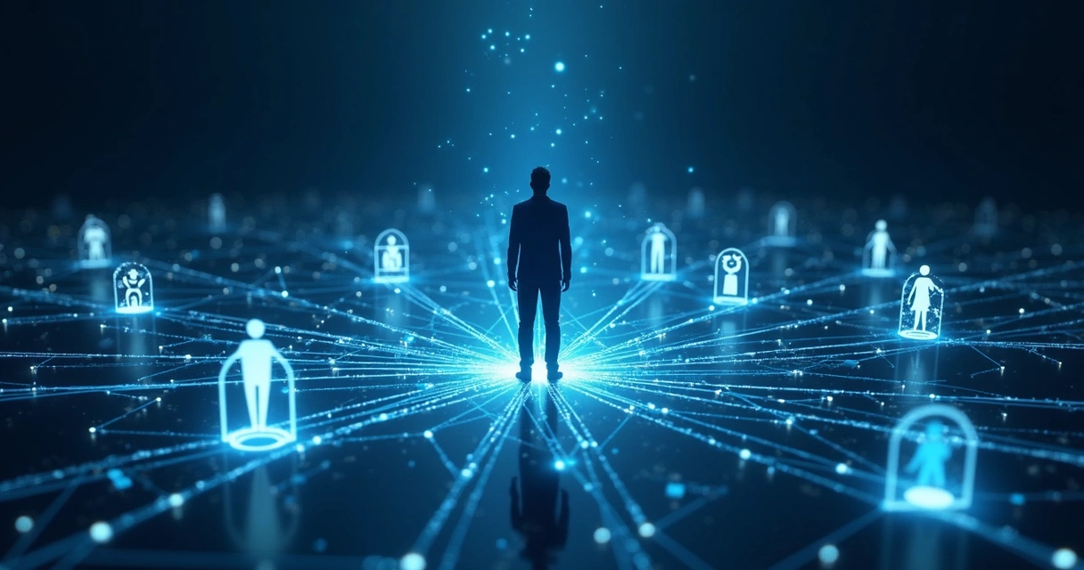 Abstract illustration connecting a person to complex social webs 