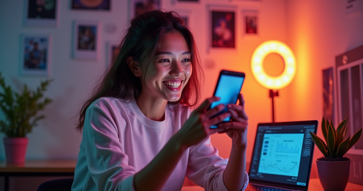 Influenciadora sorrindo gravando stories para Instagram