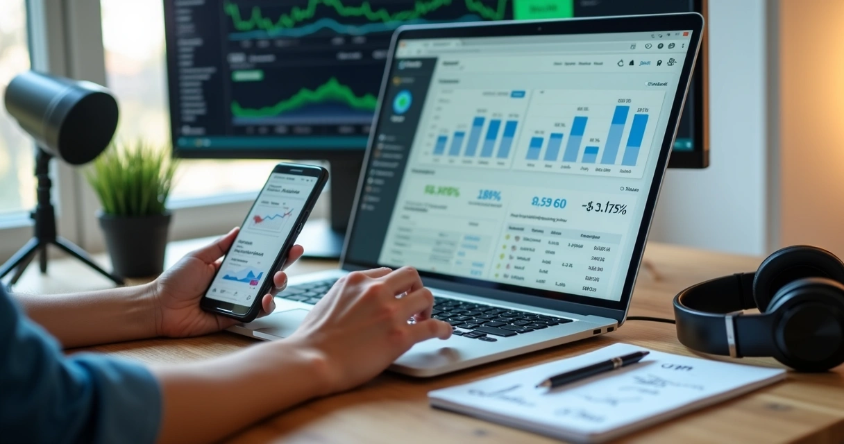 Pessoa usando notebook e smartphone para divulgar links de afiliados com gráficos de ganhos na tela 