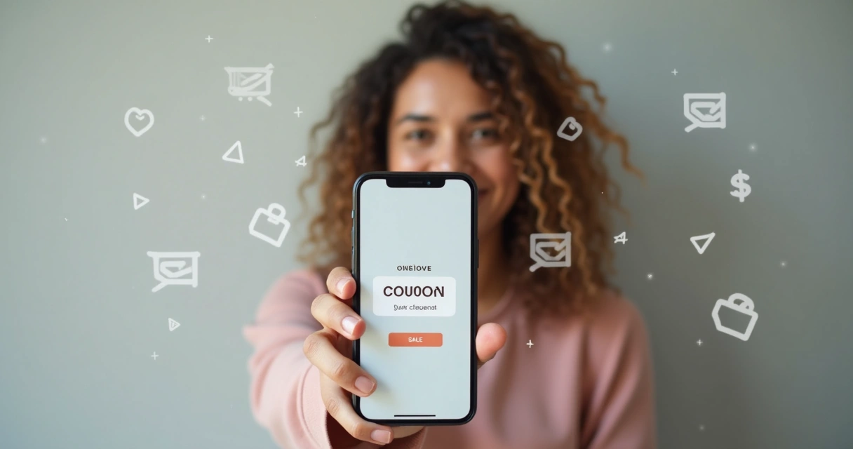 Influencer mostrando cupom exclusivo em fundo neutro 