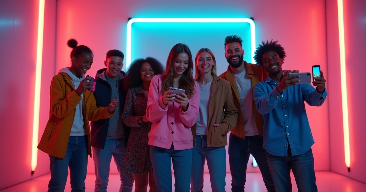 Jóvenes influenciadores grabando vídeo juntos con teléfonos móviles en un estudio con luces de colores 