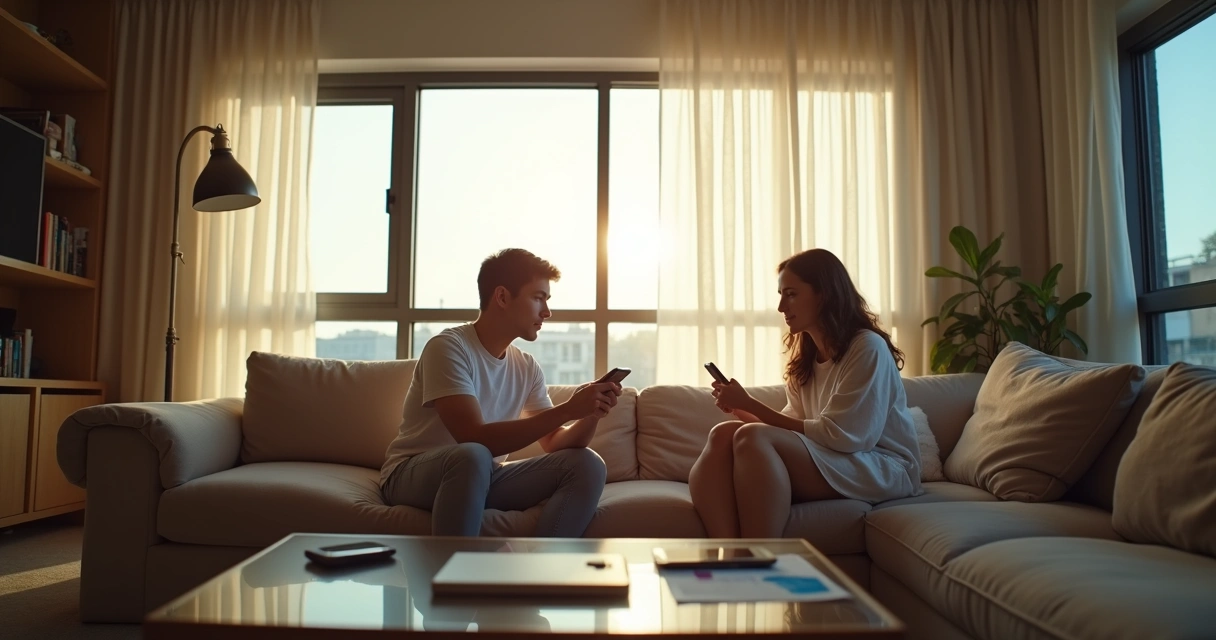 Duas pessoas em uma sala, uma olhando para fora da janela e outra usando o celular, ambas imersas em diferentes ambientes. 
