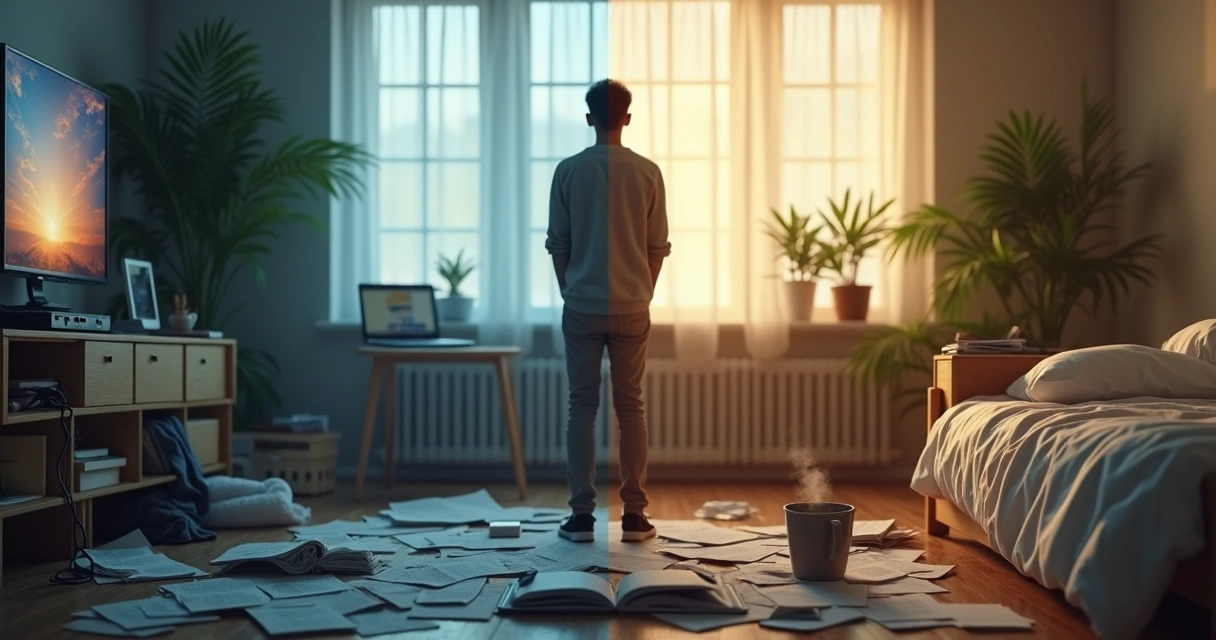 Pessoa em uma sala dividida entre ambiente caótico e ambiente calmo 