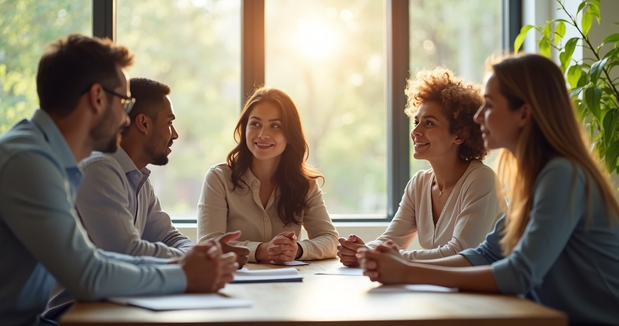 Grupo de pessoas em reunião, olhando umas para as outras com expressões atentas e tranquilas 