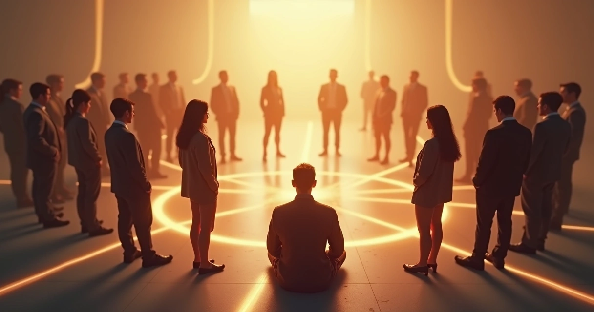 Grupo de pessoas conectadas por linhas sutis, com destaque para uma pessoa refletindo 