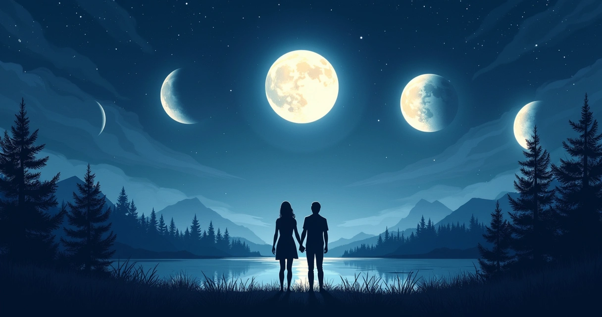 Casal sob a lua cheia em um cenário sereno com as fases da lua ao fundo, refletindo emoções.