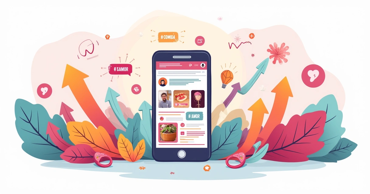Ilustração de um feed do Instagram com hashtags coloridas, mostrando engajamento e crescimento nas redes sociais.