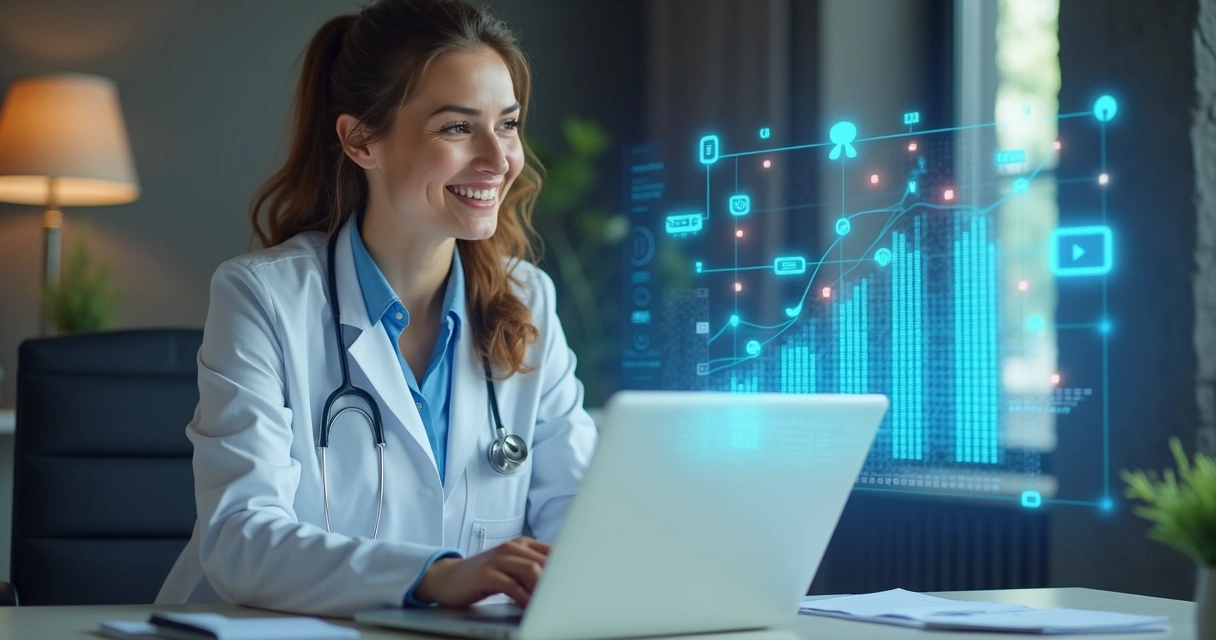 Profissional de saúde sorrindo diante de um laptop com gráficos e seguidores em tela 