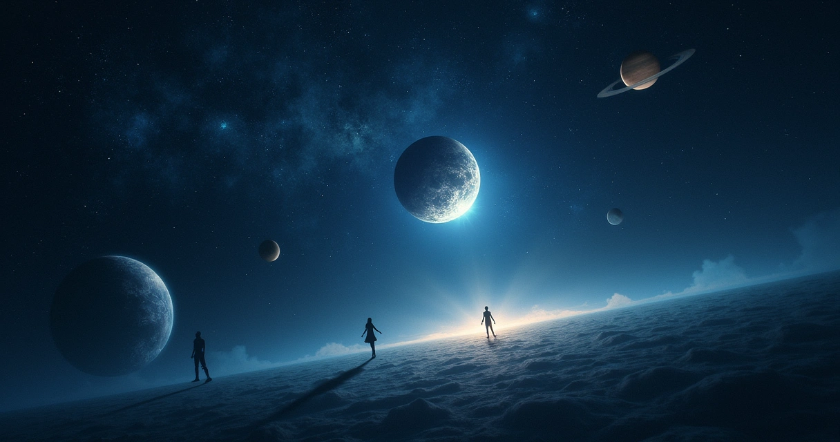 Representação dos planetas e a influência deles na saúde mental com estrelas e a Lua cheia ao fundo.