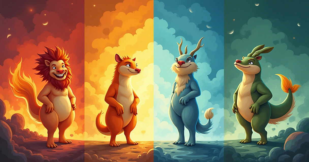 Ilustração colorida dos signos do zodíaco mostrando as quatro influências emocionais de Fogo, Terra, Ar e Água.