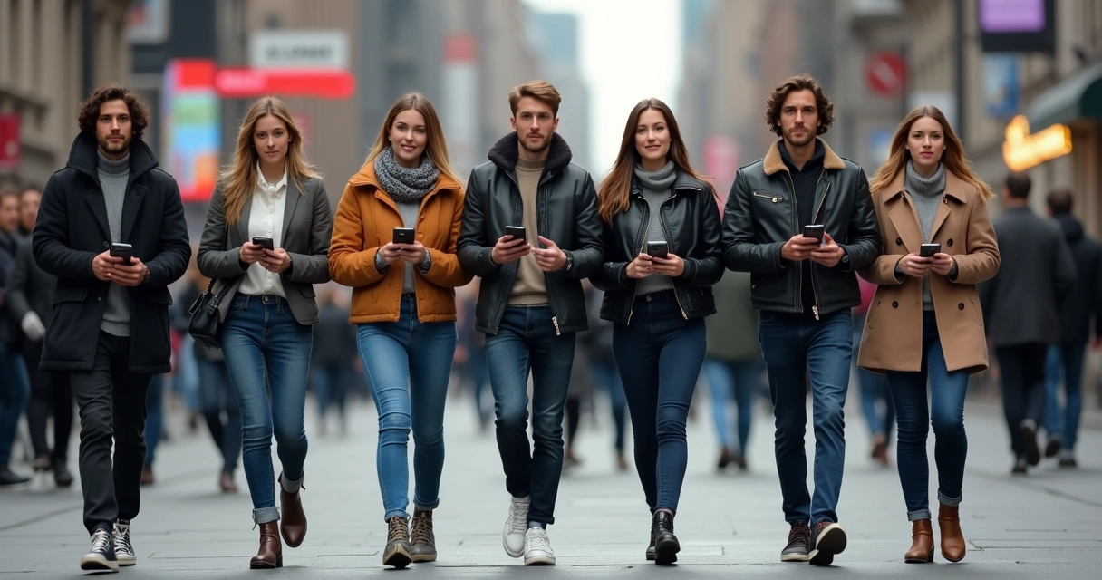 Pessoas andando em rua movimentada, todas vestidas de modo semelhante 