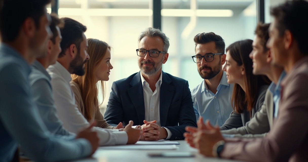 Líder ao centro sendo observado com admiração por equipe ao redor 