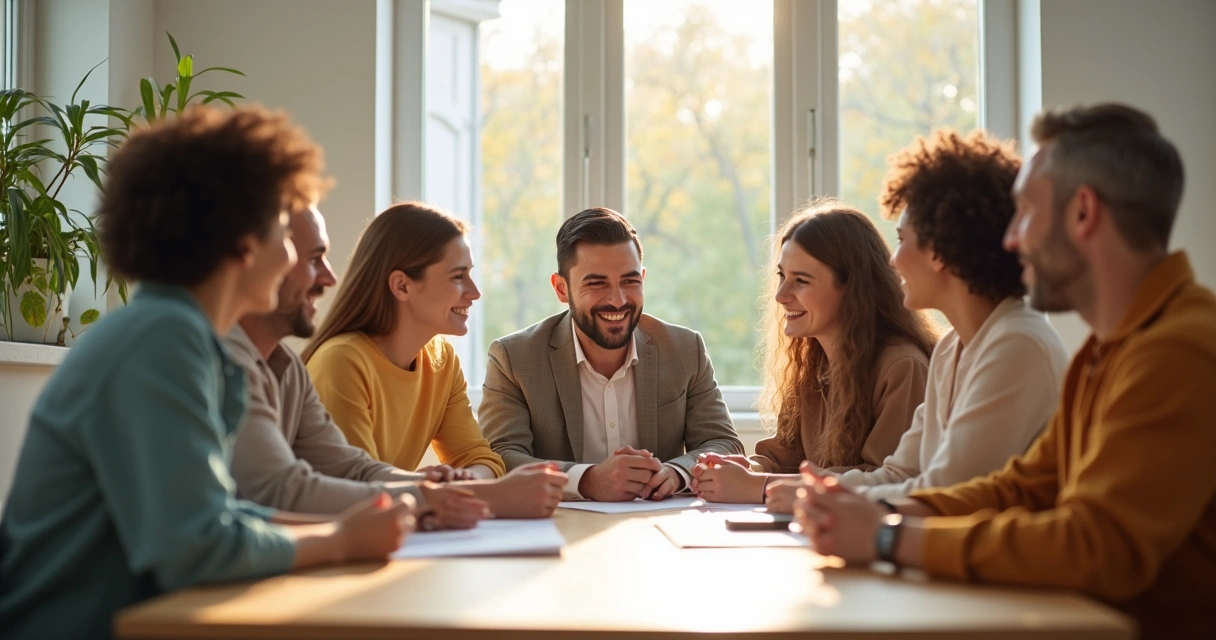 Líder ouvindo atentamente equipe, todos sorrindo, ambiente de trabalho iluminado por luz natural 