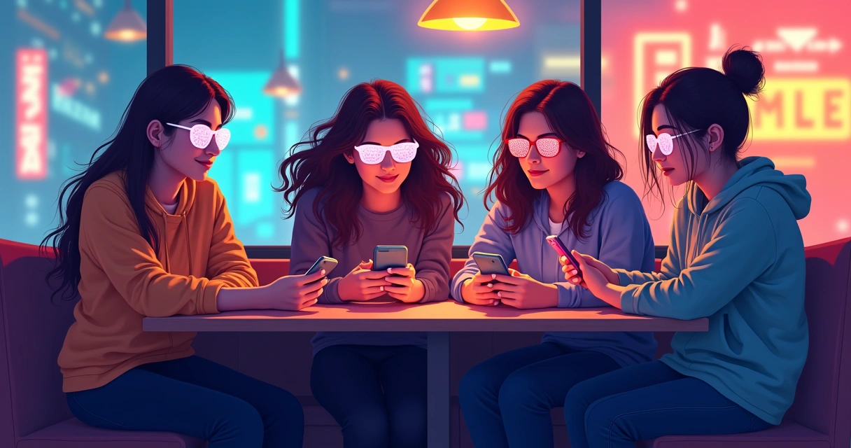 Jovens olhando para o celular, com filtros digitais sobre seus rostos em ambiente moderno 