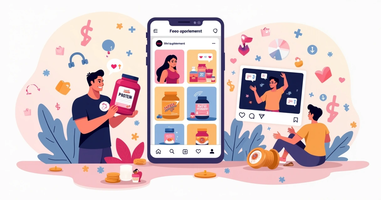 Montagem mostrando a influência das redes sociais na escolha de suplementos, com Instagram e TikTok, influenciadores e ícones de saúde.