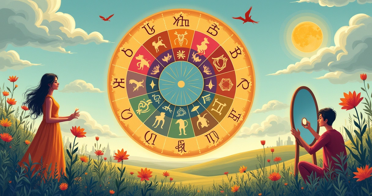 Roda zodiacal colorida com representações de Touro e Gêmeos, simbolizando amor-próprio e autoconfiança.