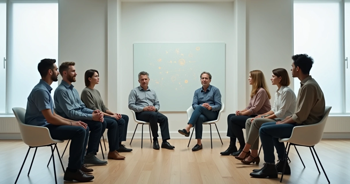 Grupo em sala minimalista com silhuetas de energia suave ligando pessoas sentadas em semicírculo 