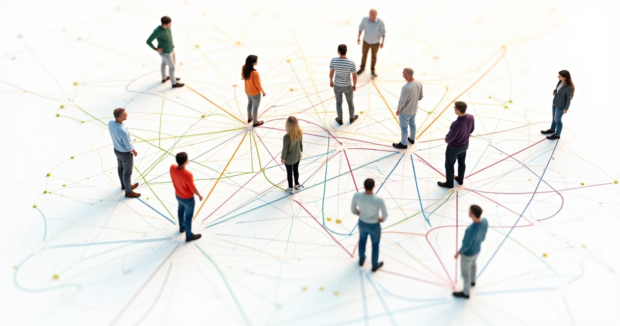 Diversas pessoas conectadas por linhas coloridas, formando redes sobre um fundo claro 