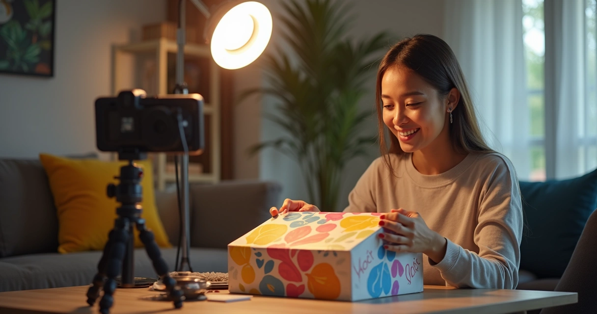 Influenciador digital abrindo caixa de produtos em vídeo 