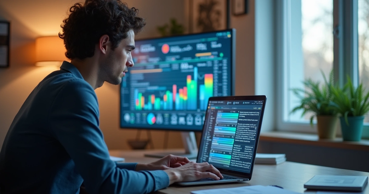 Influenciador digital analisando respostas em notebook moderno 