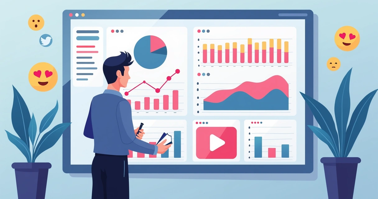 Influenciador analisando dados de redes sociais em tela digital, com gráficos e emojis ao redor