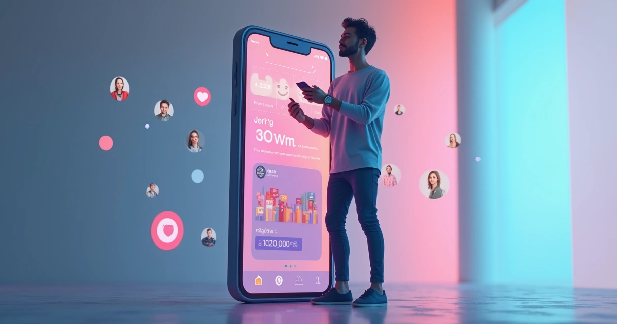 Influenciador posando ao lado de um smartphone mostrando estatísticas de redes sociais 