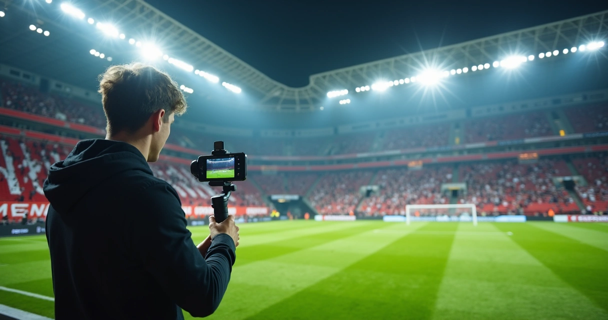 Influenciador digital transmitindo futebol pelo celular ao lado do campo 