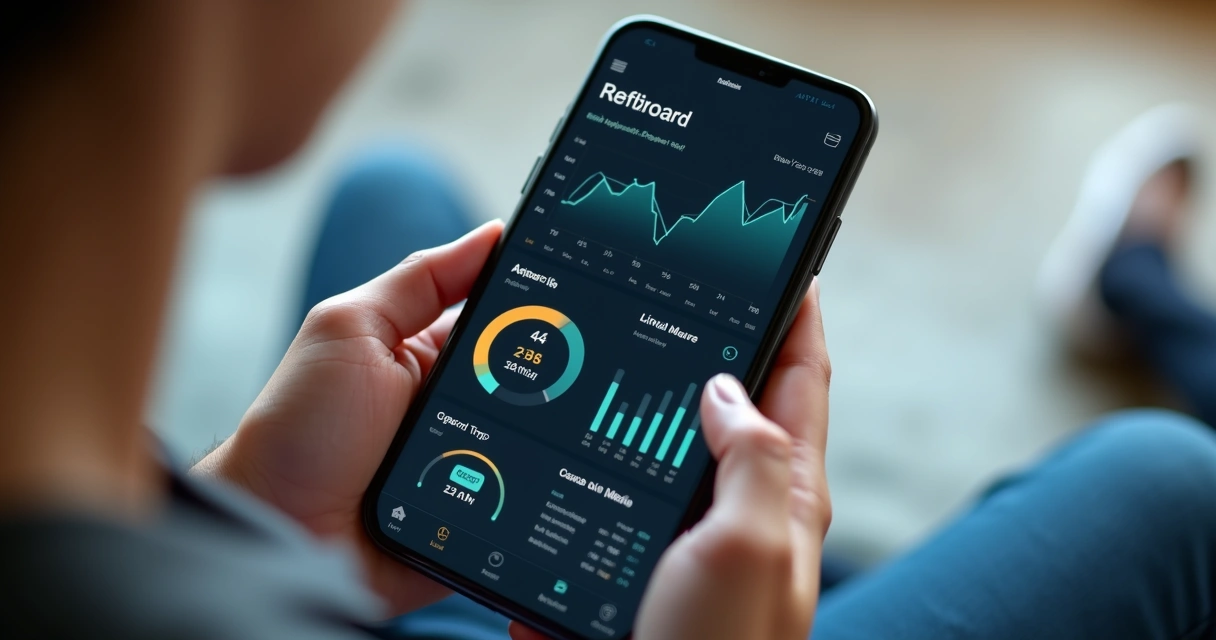 Influenciador digital analisa reputação da marca no celular com IA, mostrando gráficos e alertas 