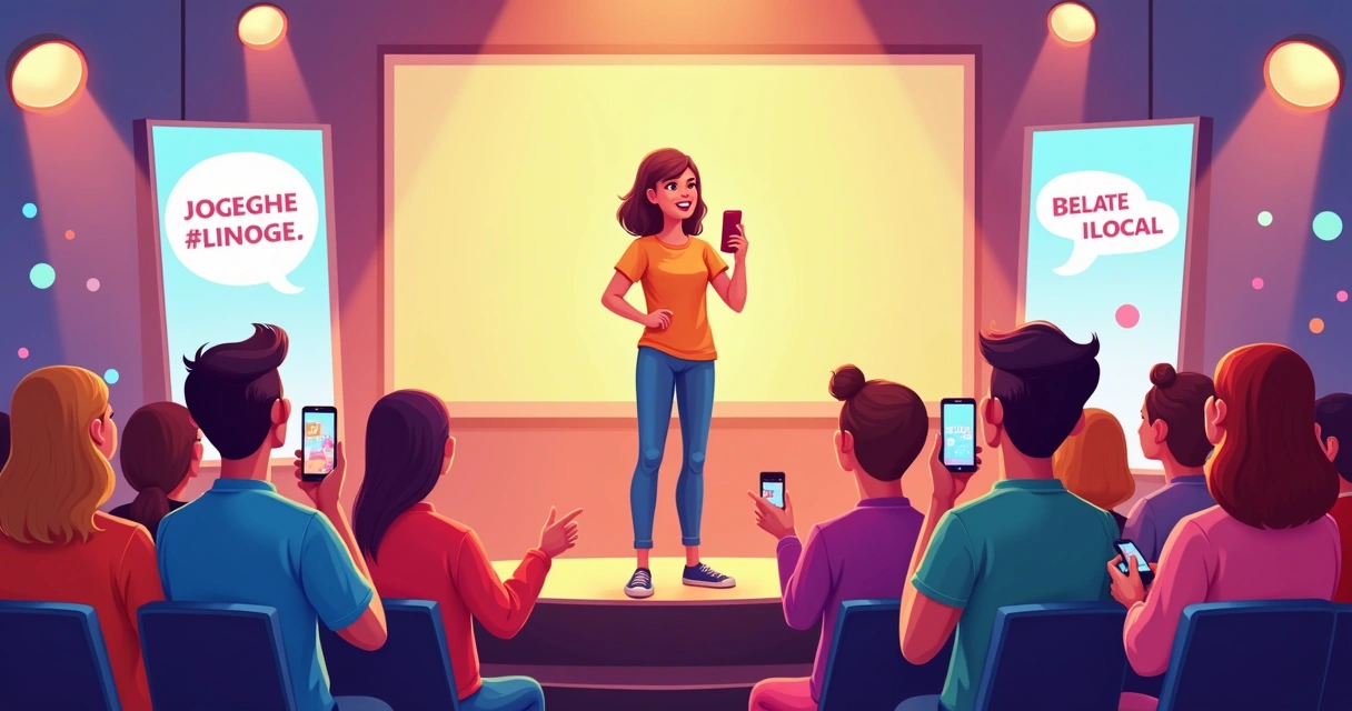 Microinfluenciador falando em evento comunitário digital 