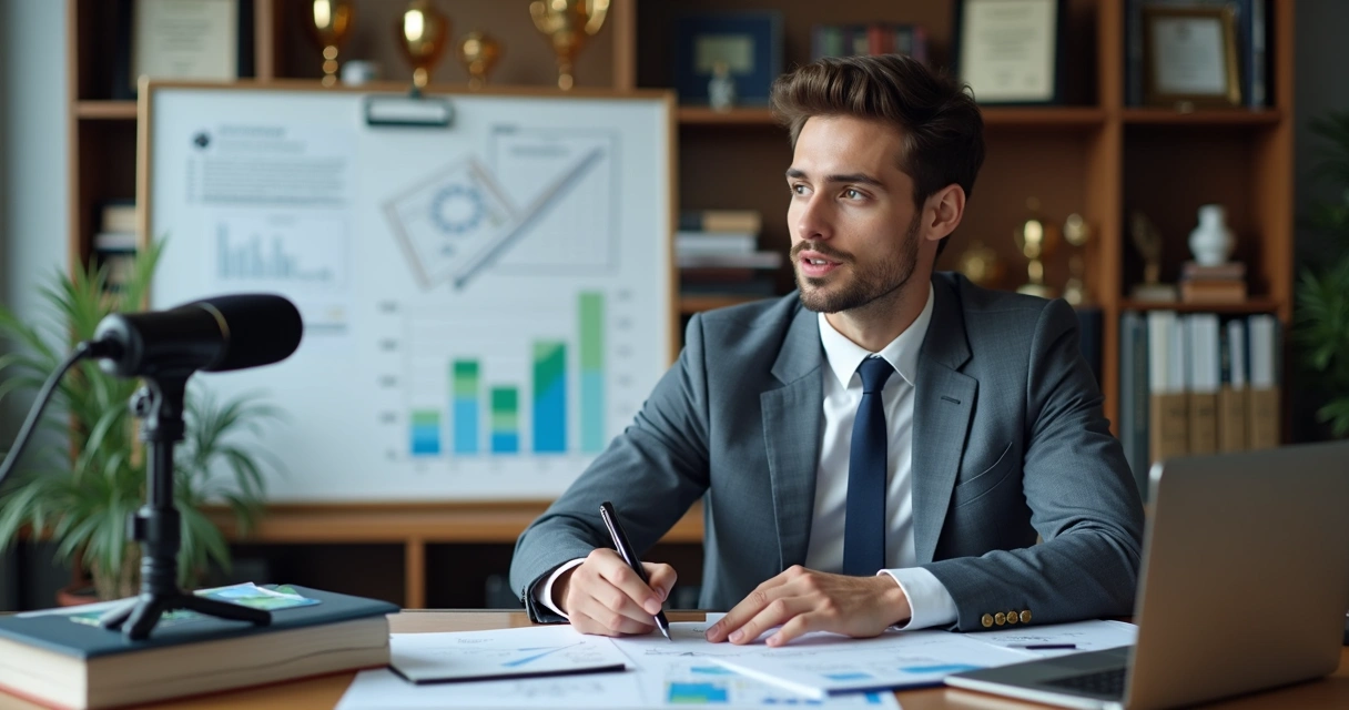 Pessoa falando sobre contabilidade em frente ao notebook com microfone 