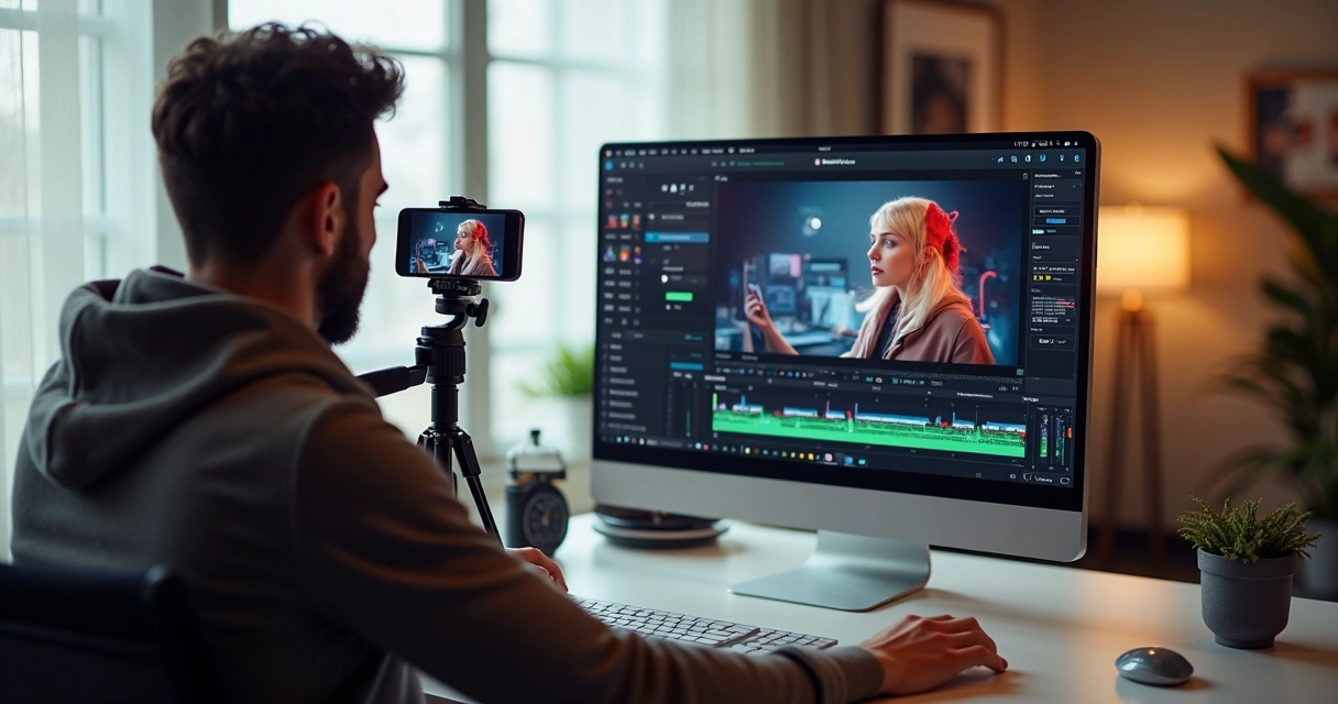 Influencer recording video with mobile phone and computer showing automatic cutting dashboard 