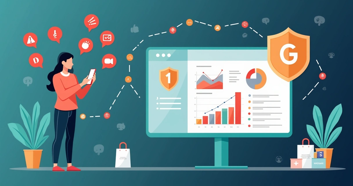 Ilustração de influenciador rodeado por ícones de redes sociais e alertas de crise sendo monitorados por IA 