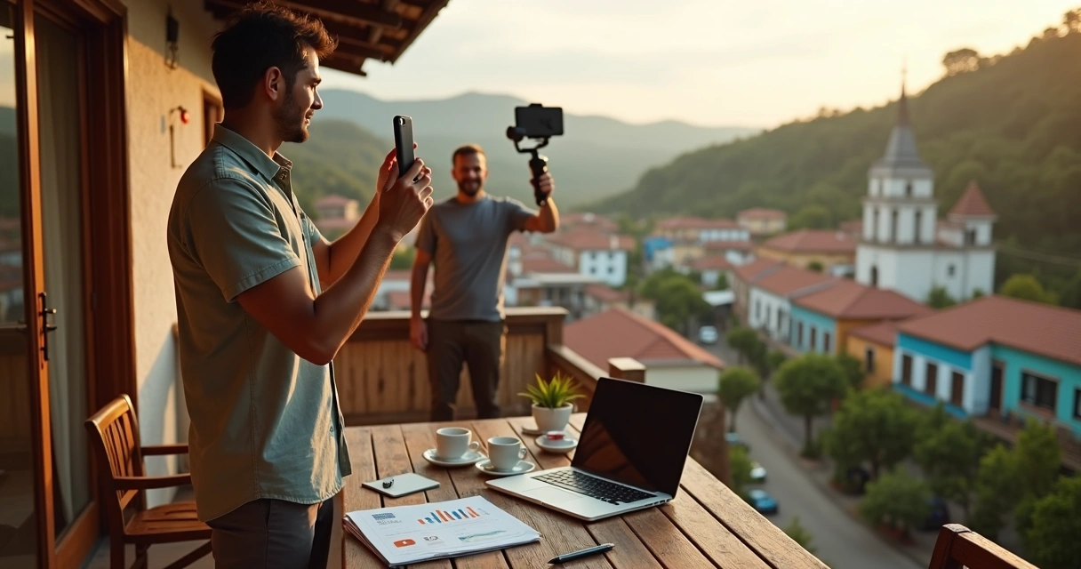 Influenciador gravando conteúdo em hotel boutique de destino regional 