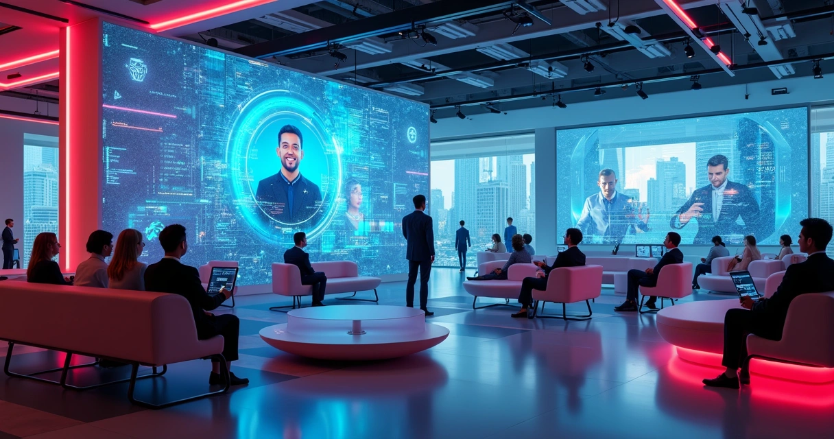 Influenciador virtual interagindo com consumidores em cenário futurista