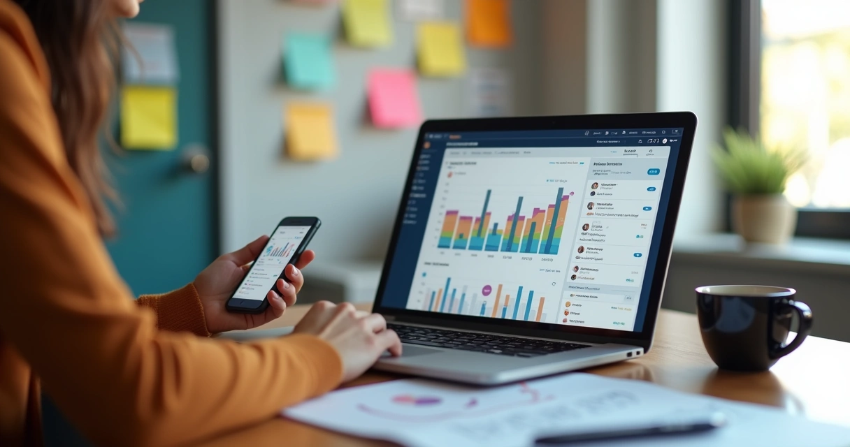 Influenciador digital trabalhando em laptop com smartphone, gráficos de desempenho em tela, ambiente moderno com post-its e anotações de campanha 