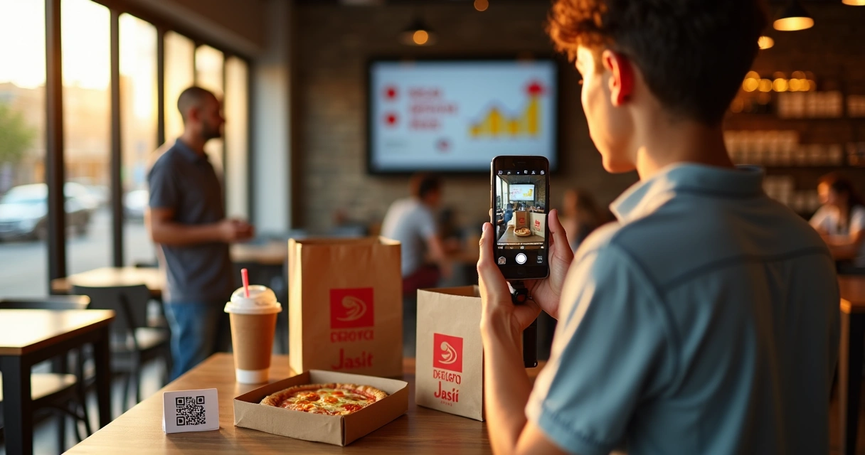 Influenciador gravando conteúdo de delivery em restaurante com celular 