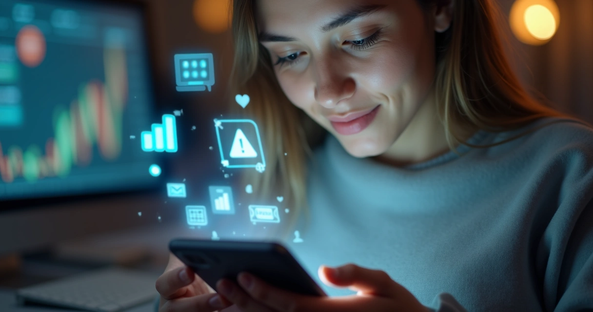 Pessoa analisando redes sociais com gráficos financeiros e ícones de curtidas e seguidores ao redor 